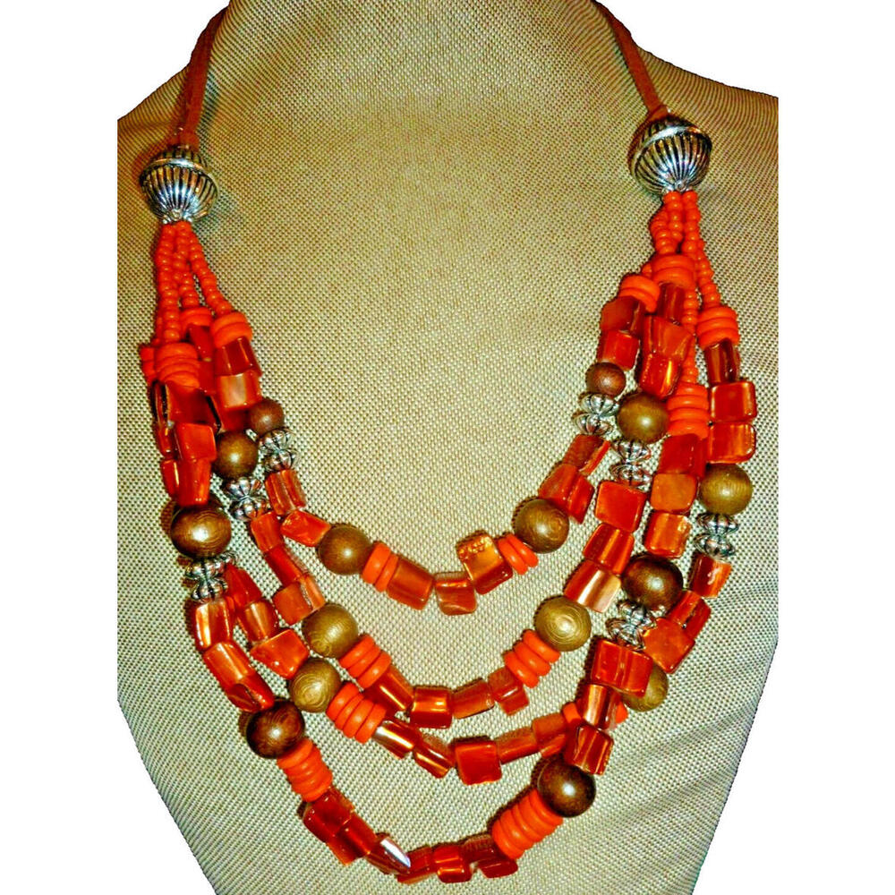 Shell Bib Necklace Orange Statement Collar Beaded… - image 1